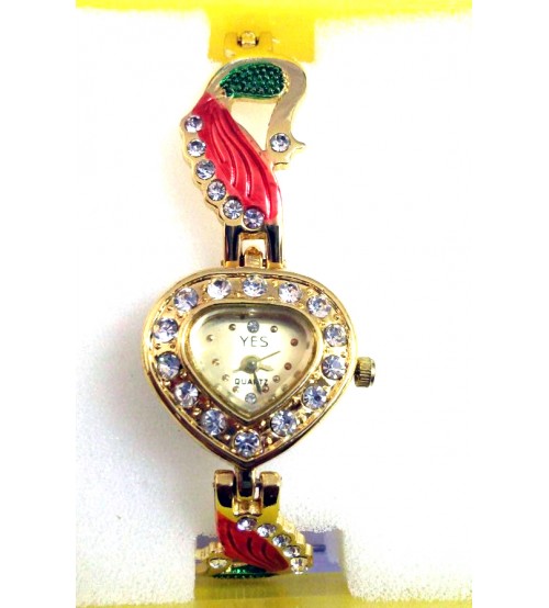 Heart Shape Ladies Wrist Watch, Analog Quartz Watch, Peacock Design American Diamond Chain, Gold multi Color